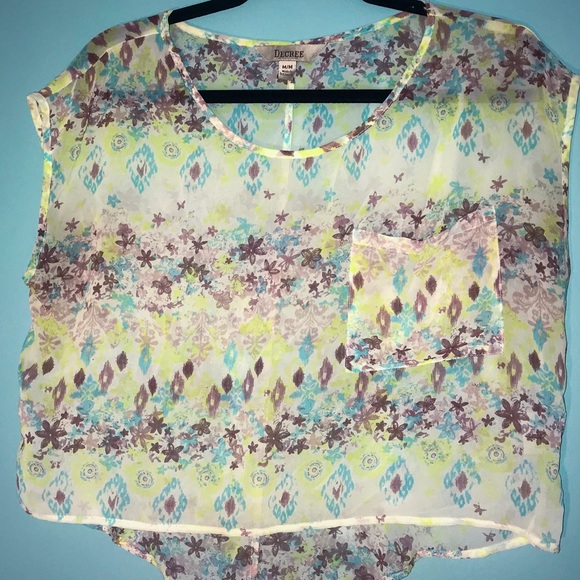🦋 Sheer Blue White Crop Top Blouse Yellow Floral - Picture 2 of 5